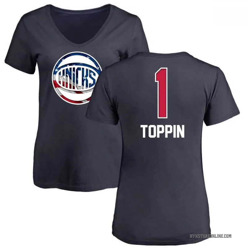 Obi Toppin Women's Navy New York Knicks Name and Number Banner Wave V-Neck T-Shirt
